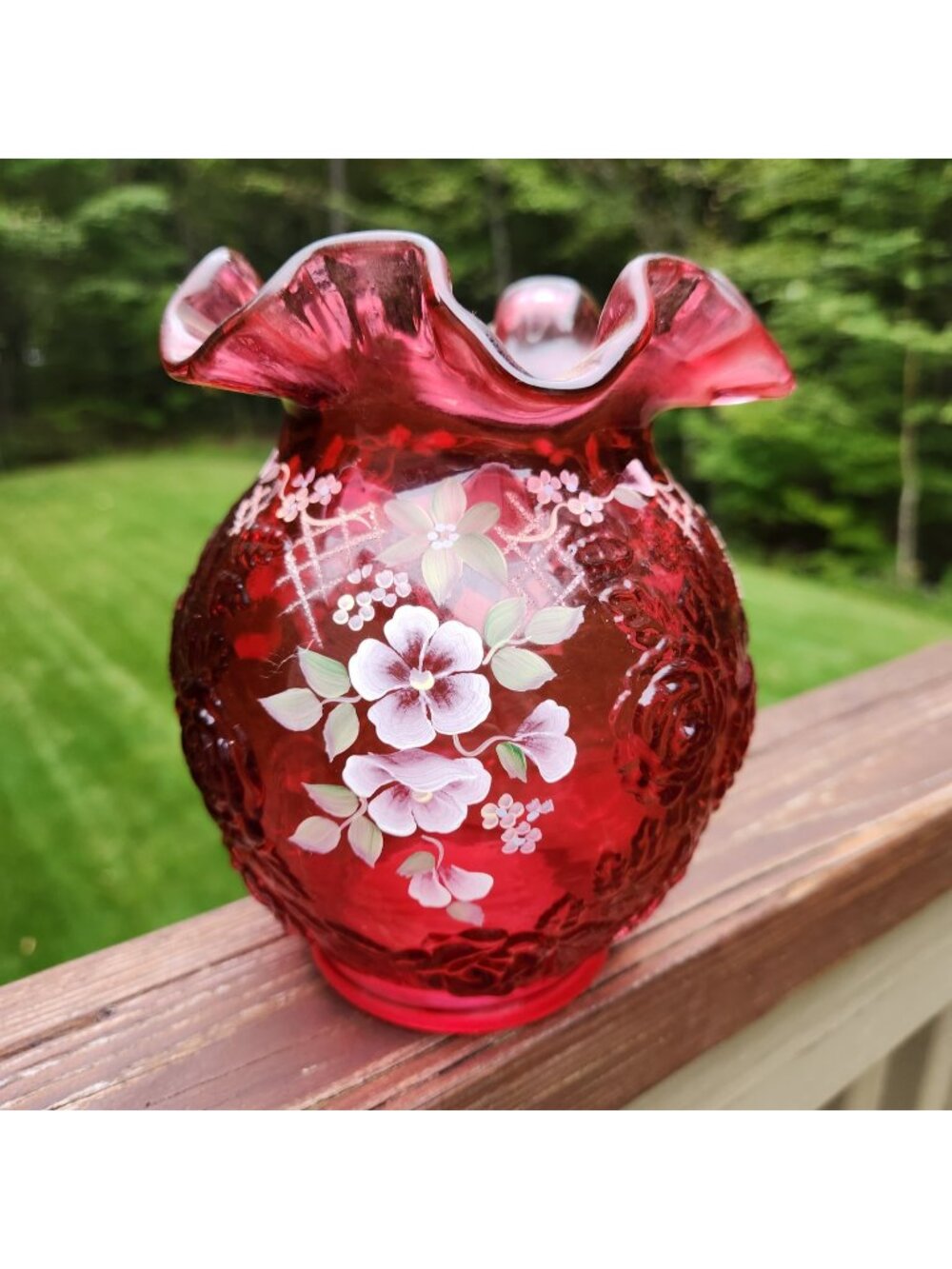 Fenton Art Glass Hand Painted Cranberry Floral Embossed Rose Vase Signed M Kibbe